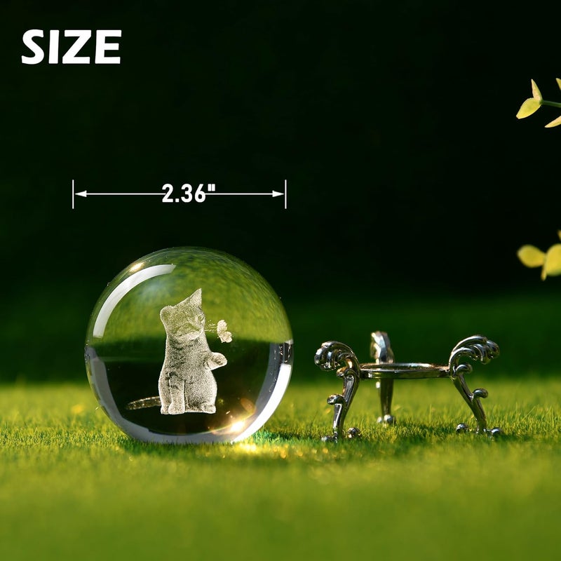 IFOLAINA 3D Cat Themed Gifts for Women 3D Crystal Ball Cat Related Sympathy Figurines Presents Kitty Decorative Globe Decor with Stand - Image 2